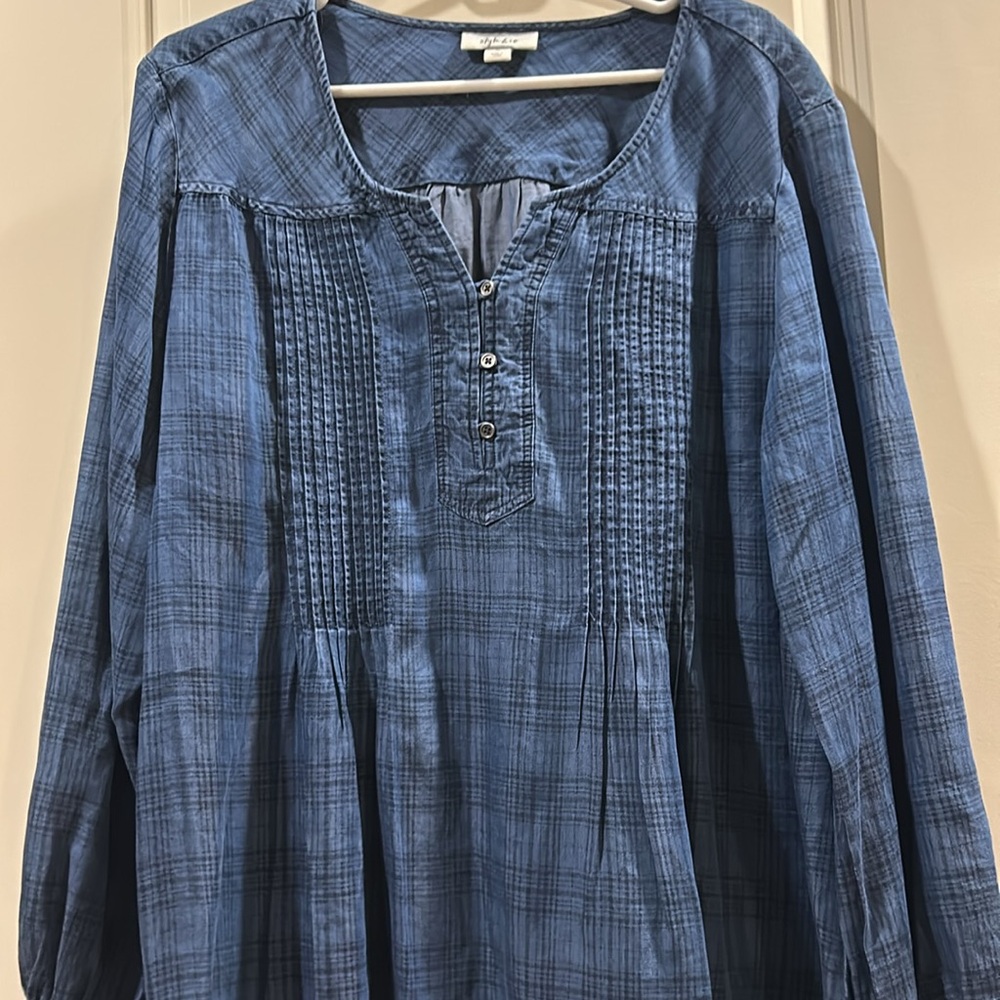 NWOT Style & Co denim 1/4 button chambray tunic pleated top flannel imprint XL - Picture 6 of 7